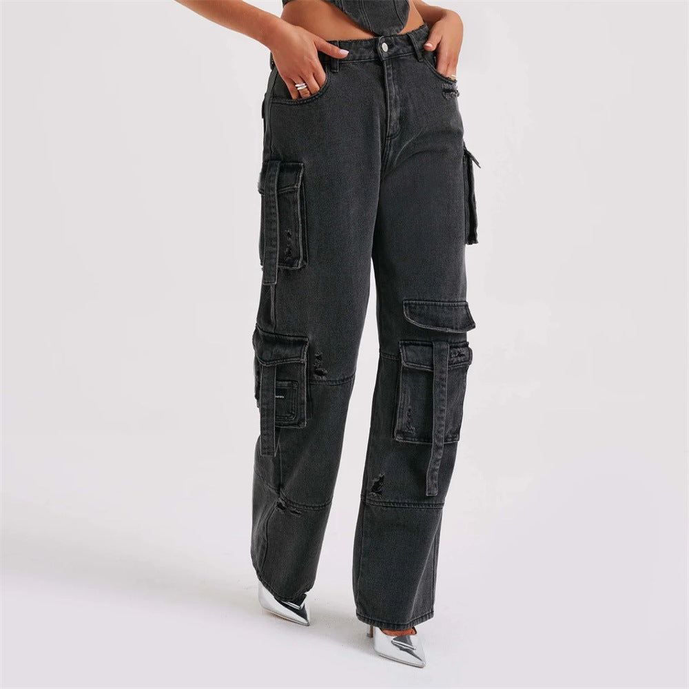 Jutta Jean Cargo Femme – Pantalon Taille Haute avec Poches Utilitaires & Coupe Décontractée