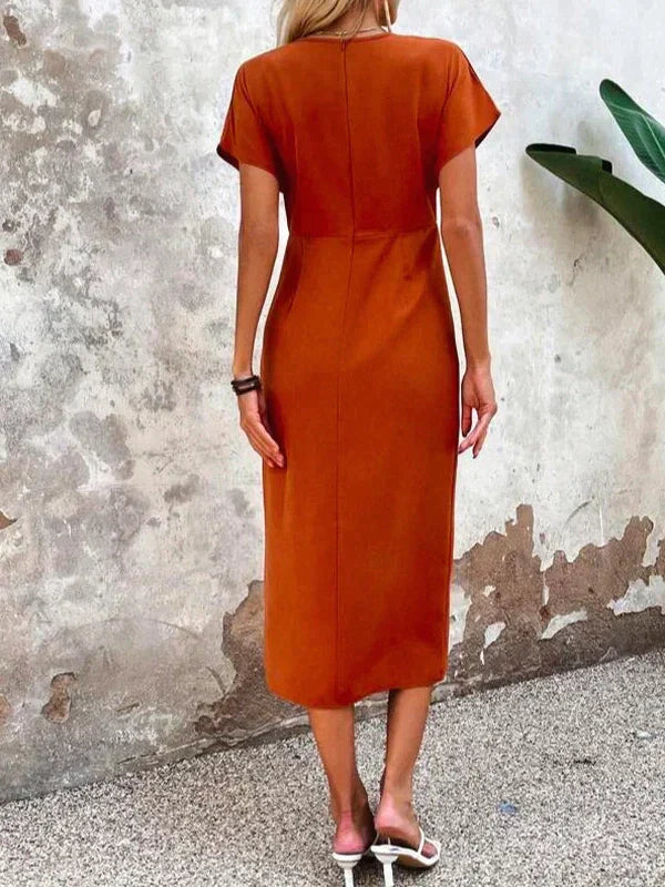 Adeline Dress Woman – Elegant Draped Dress with V-neck, Short Sleeves & Subtle Slit