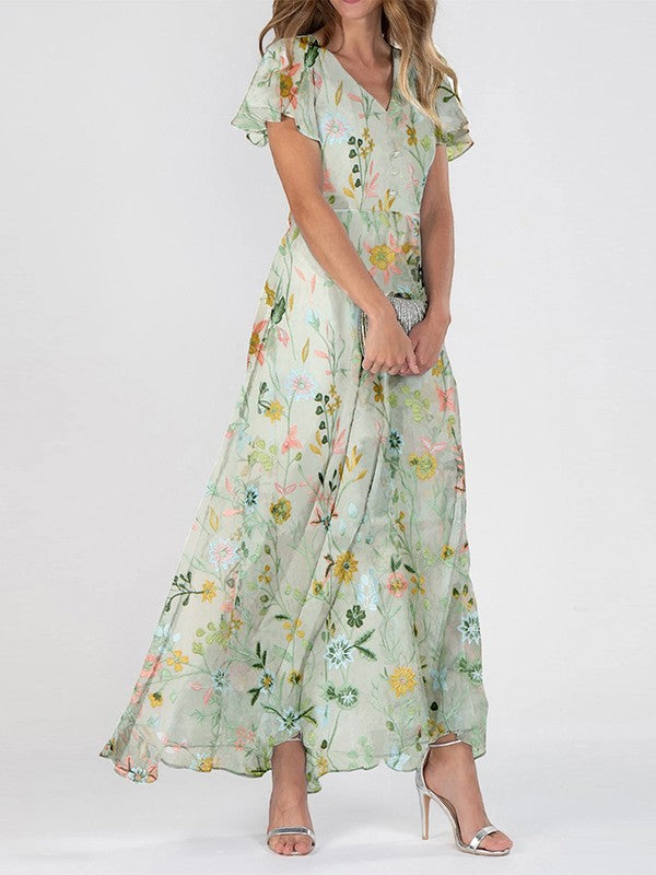 Ariah Robe Longue Femme – Imprimé Fleuri Chic avec Encolure en V Élégante