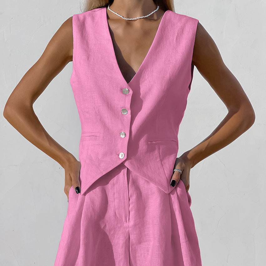 Scarlet Ensemble en Lin Femme – Tenue d’Été Minimaliste avec Gilet & Short au Style Chic Décontracté