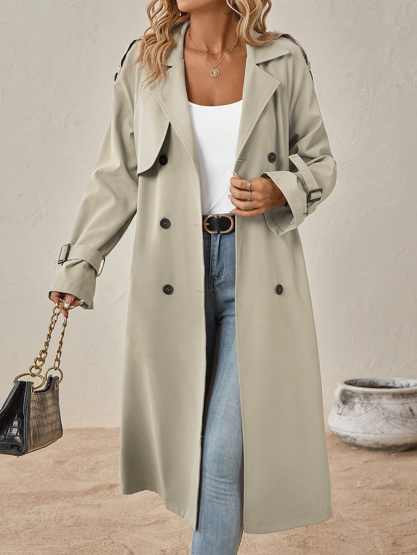Eshita Trench pour femme – Elegant lang frakke i bomuldsblanding med struktureret pasform og knaplukning