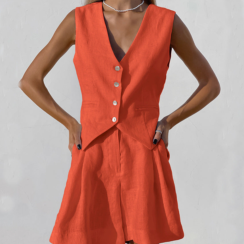 Scarlet Ensemble en Lin Femme – Tenue d’Été Minimaliste avec Gilet & Short au Style Chic Décontracté
