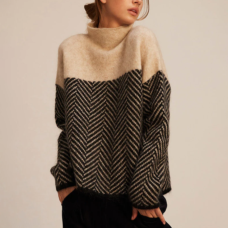 Arla Pull à Col Roulé pour Femme – Pull en Cachemire Chaud avec Coupe Ample et Motif Chevron Tendance