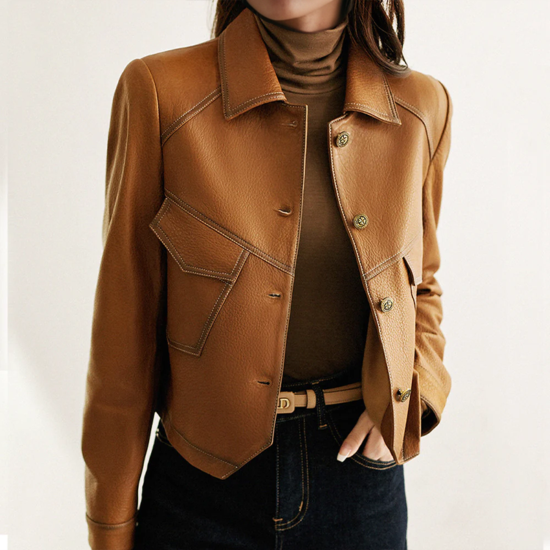 Anita Veste Femme en Cuir – Élégante, Douce & Sophistiquée avec Col Distinctif et Poches