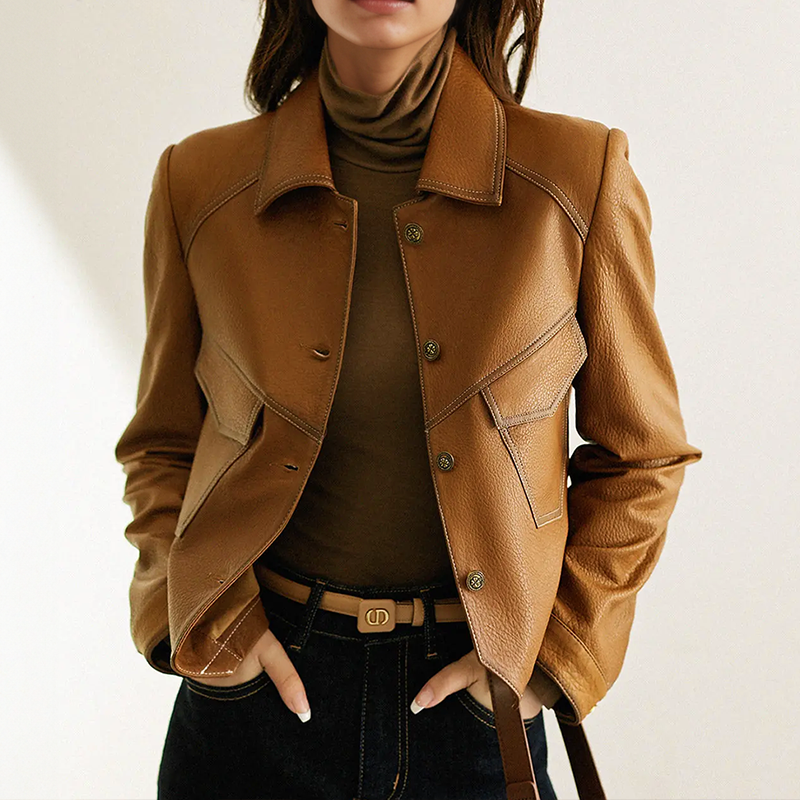 Anita Veste Feminina em Pele – Elegante, Suave e Sofisticada com Gola Distinta e Bolsos