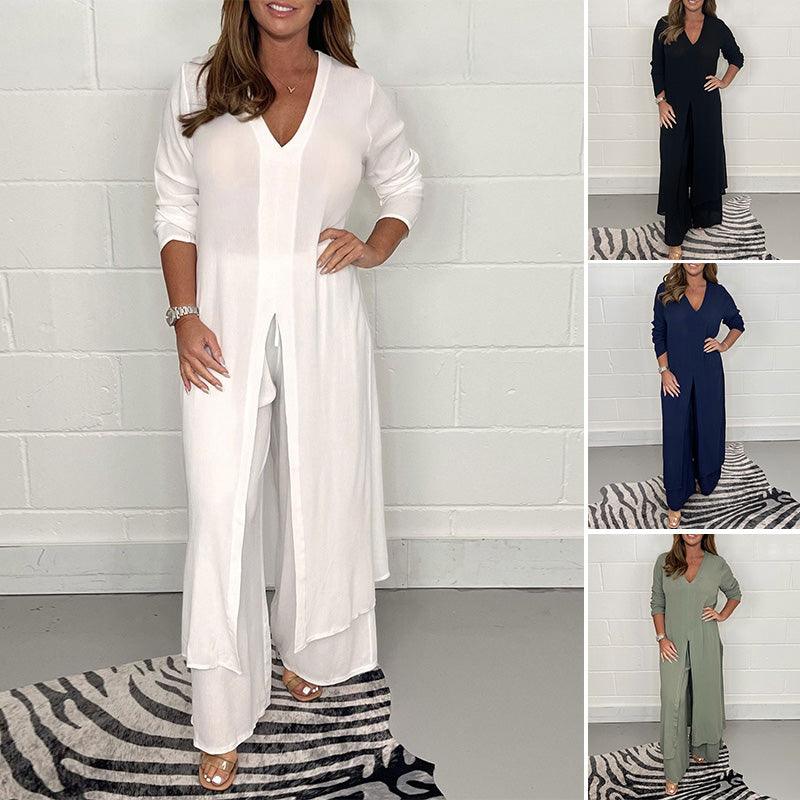 Tess Dámsky Dvojdielny Set – Dlhý Voľný Top s Vysokým Pásom Nohavíc a Elastickým Opaskom