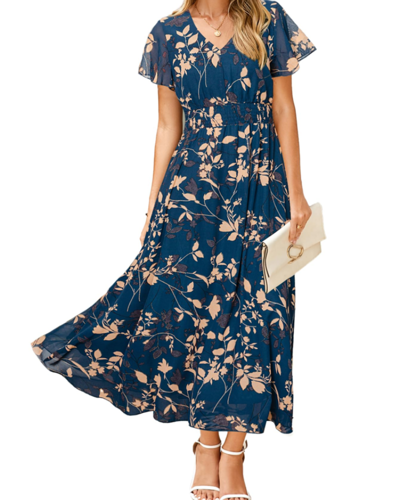 Éléonore Robe Fleurie Femme – Robe Maxi Bohème en Mousseline Col V Manches Courtes