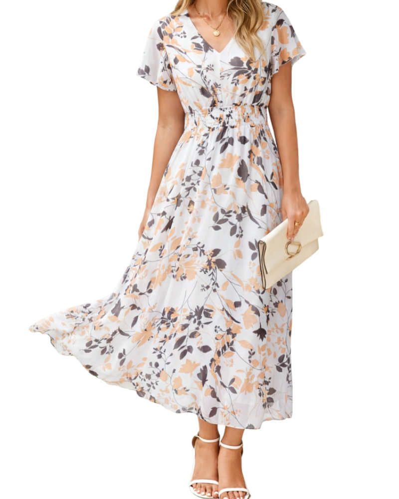 Éléonore Vestido Floral de Mujer – Vestido Largo Bohemio de Gasa con Escote en V y Manga Corta