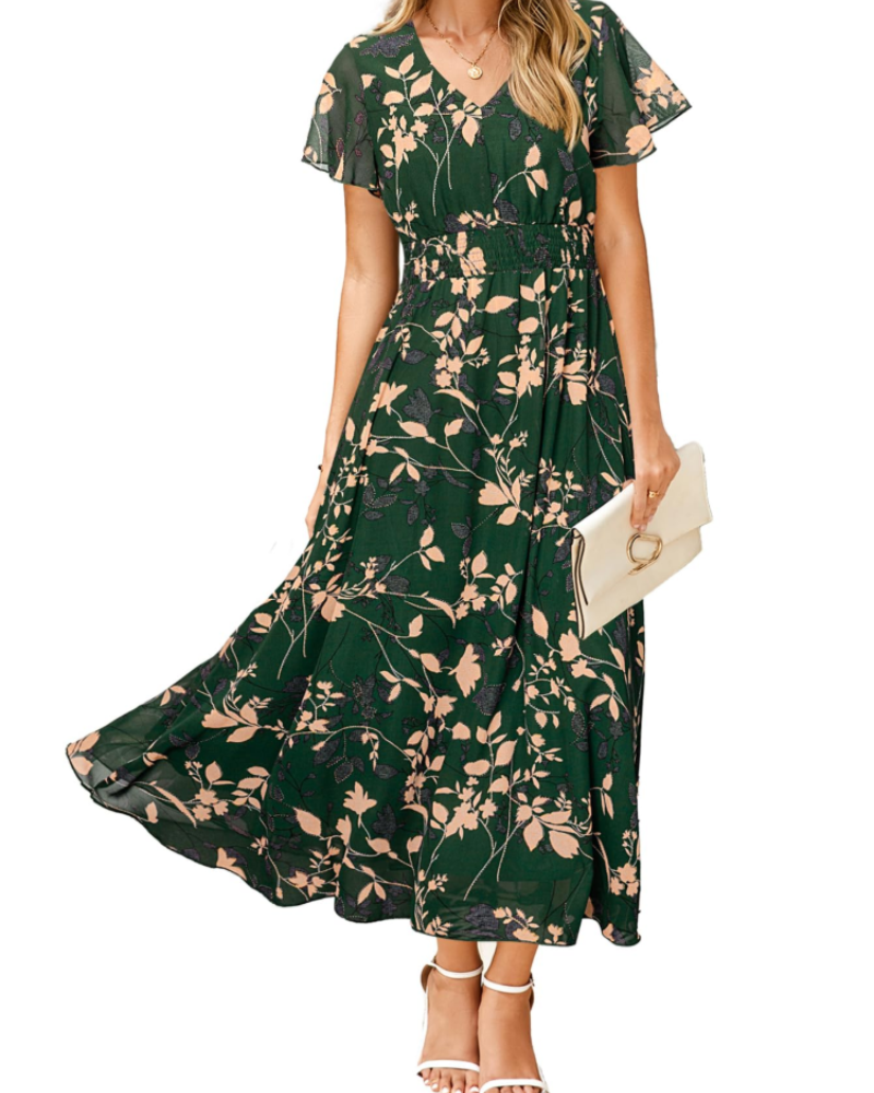 Éléonore Robe Fleurie Femme – Robe Maxi Bohème en Mousseline Col V Manches Courtes