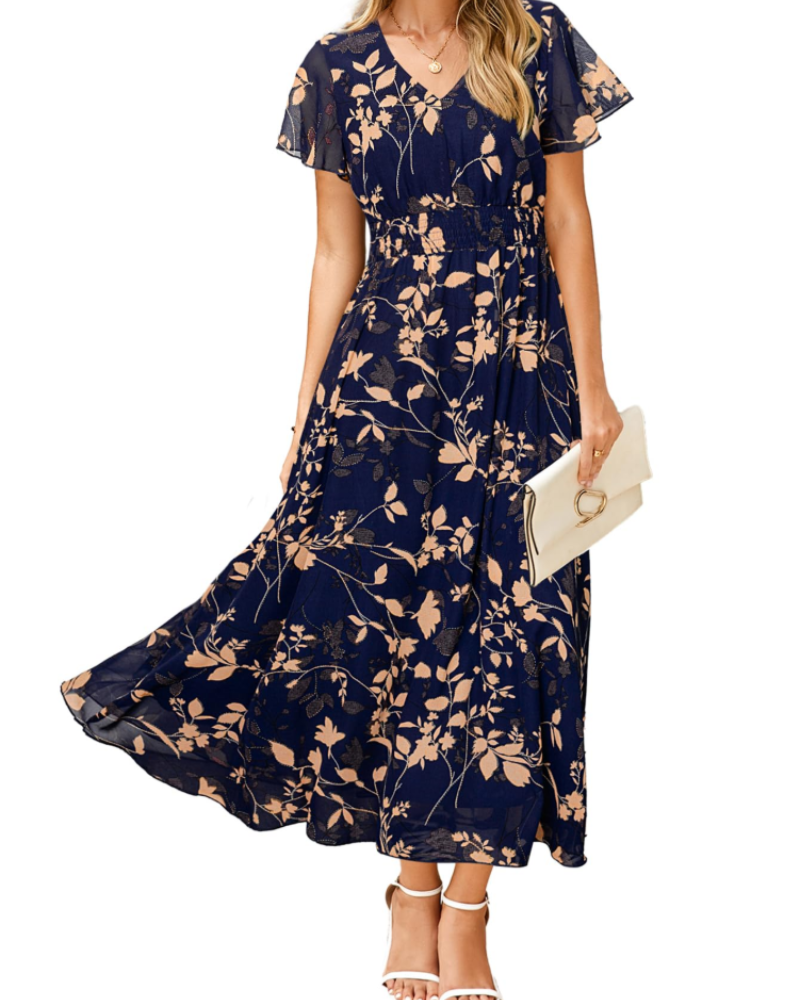 Éléonore Robe Fleurie Femme – Robe Maxi Bohème en Mousseline Col V Manches Courtes