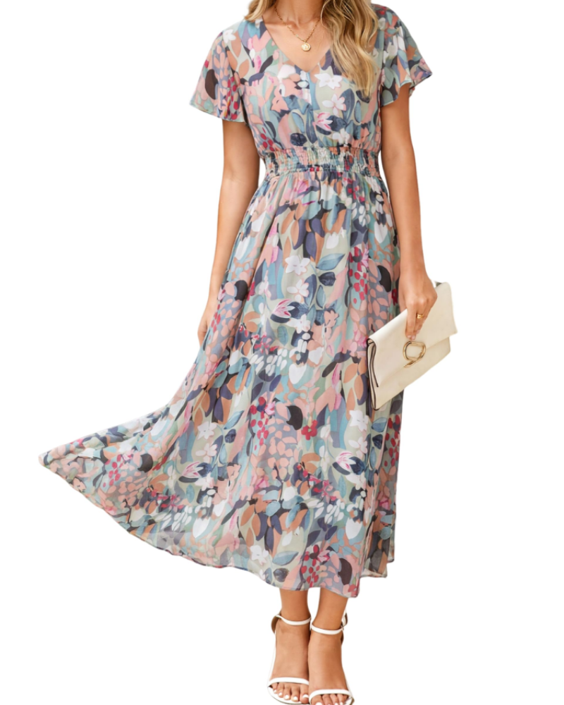 Éléonore Vestido Floral de Mujer – Vestido Largo Bohemio de Gasa con Escote en V y Manga Corta