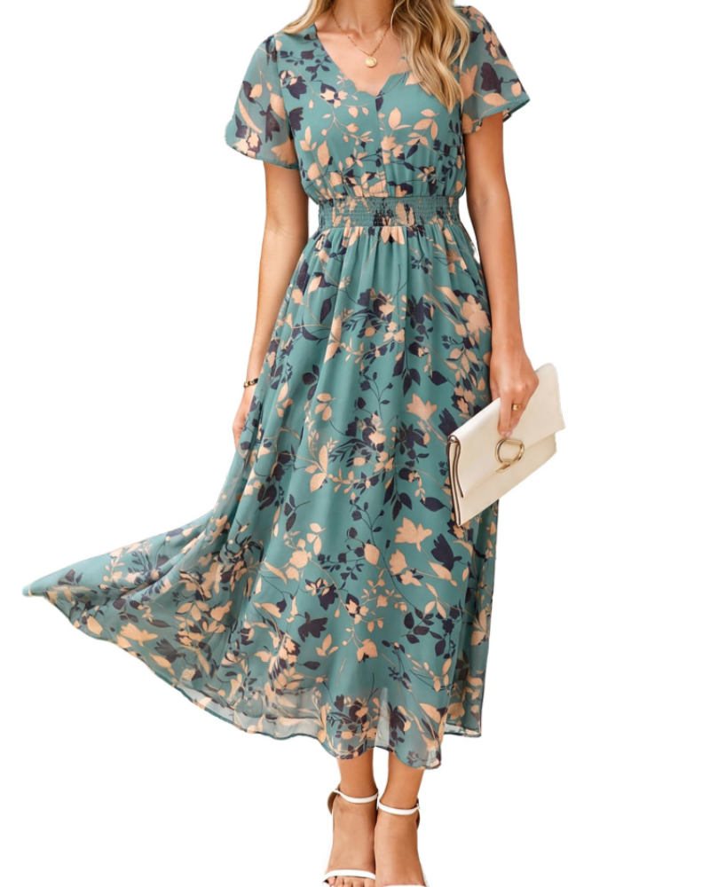 Éléonore Robe Fleurie Femme – Robe Maxi Bohème en Mousseline Col V Manches Courtes