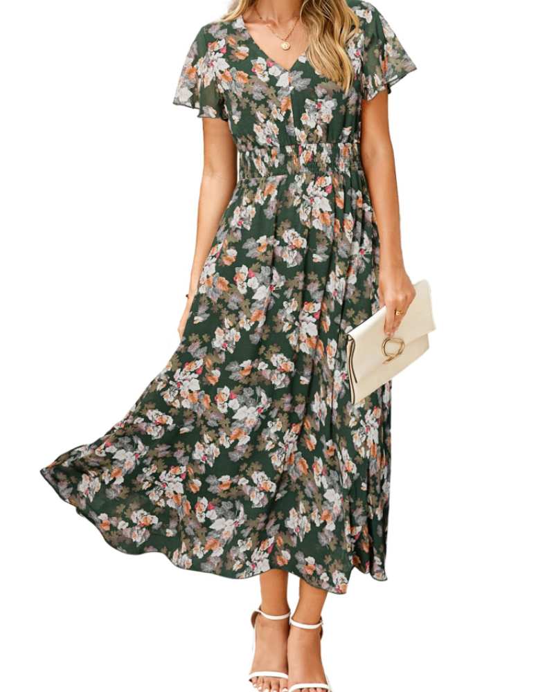 Éléonore Robe Fleurie Femme – Robe Maxi Bohème en Mousseline Col V Manches Courtes