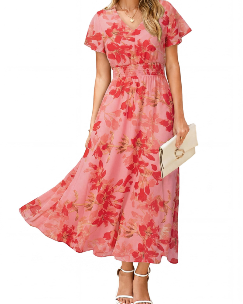 Éléonore Robe Fleurie Femme – Robe Maxi Bohème en Mousseline Col V Manches Courtes
