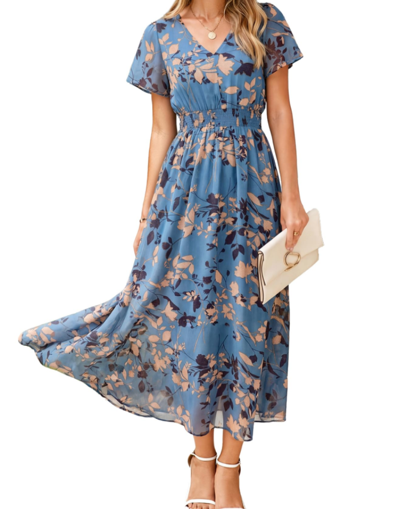 Éléonore Robe Fleurie Femme – Robe Maxi Bohème en Mousseline Col V Manches Courtes