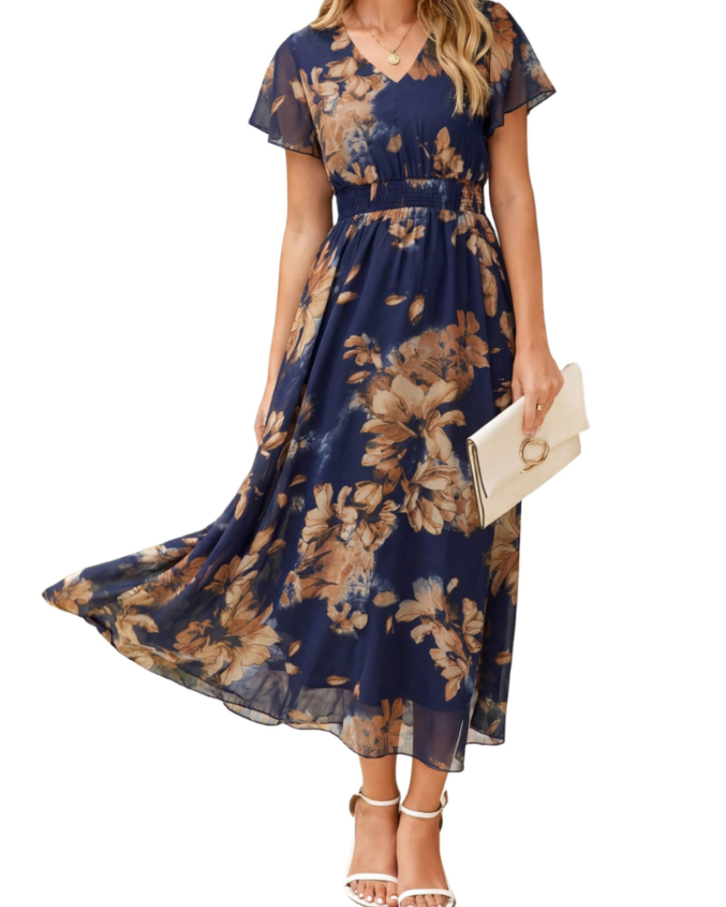 Éléonore Robe Fleurie Femme – Robe Maxi Bohème en Mousseline Col V Manches Courtes