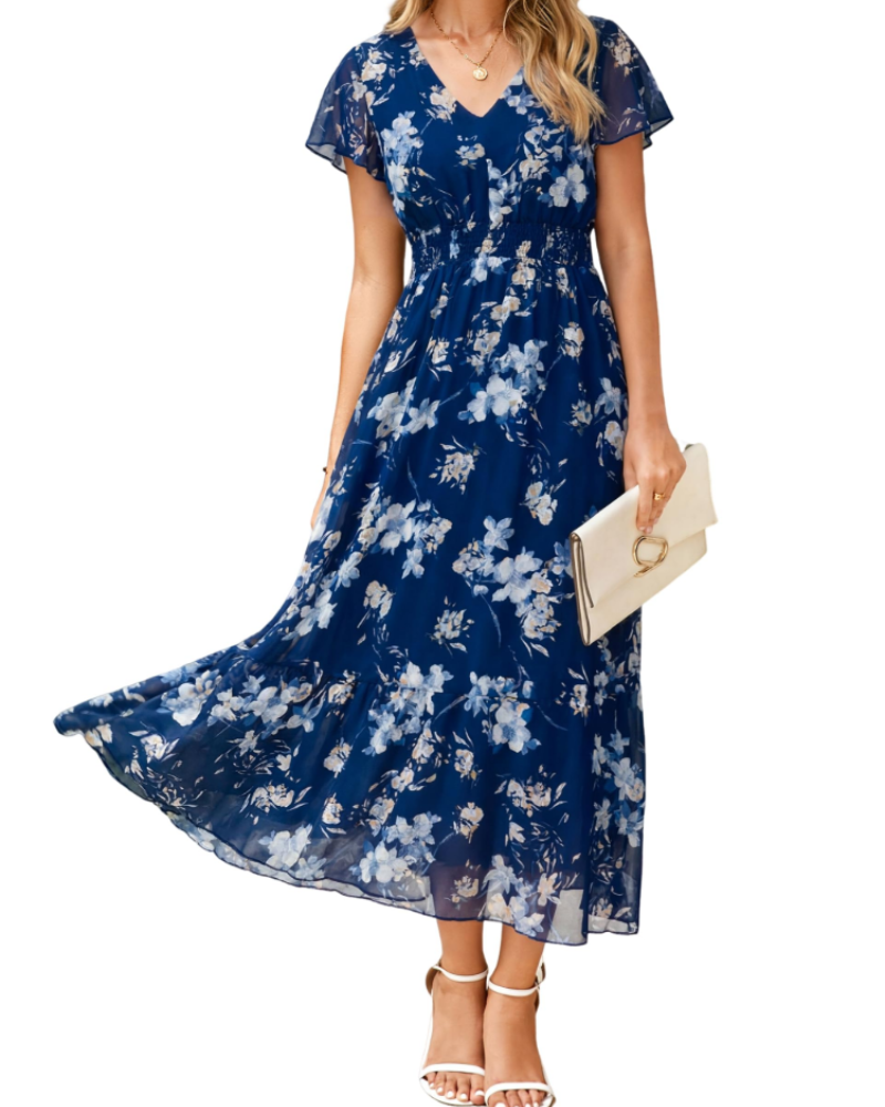 Éléonore Robe Fleurie Femme – Robe Maxi Bohème en Mousseline Col V Manches Courtes
