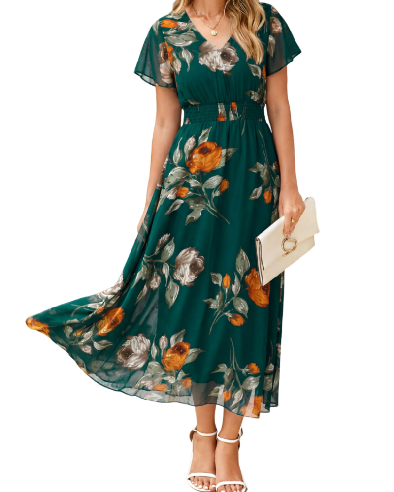 Éléonore Robe Fleurie Femme – Robe Maxi Bohème en Mousseline Col V Manches Courtes