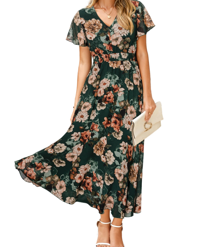 Éléonore Robe Fleurie Femme – Robe Maxi Bohème en Mousseline Col V Manches Courtes