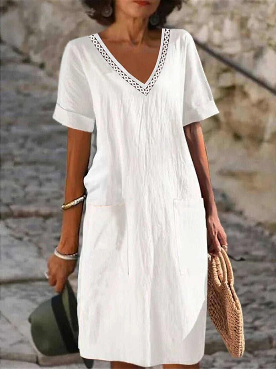 Callie Robe Femme – Cuello en V en Algodón Blanco, Mangas Cortas y Corte Recto