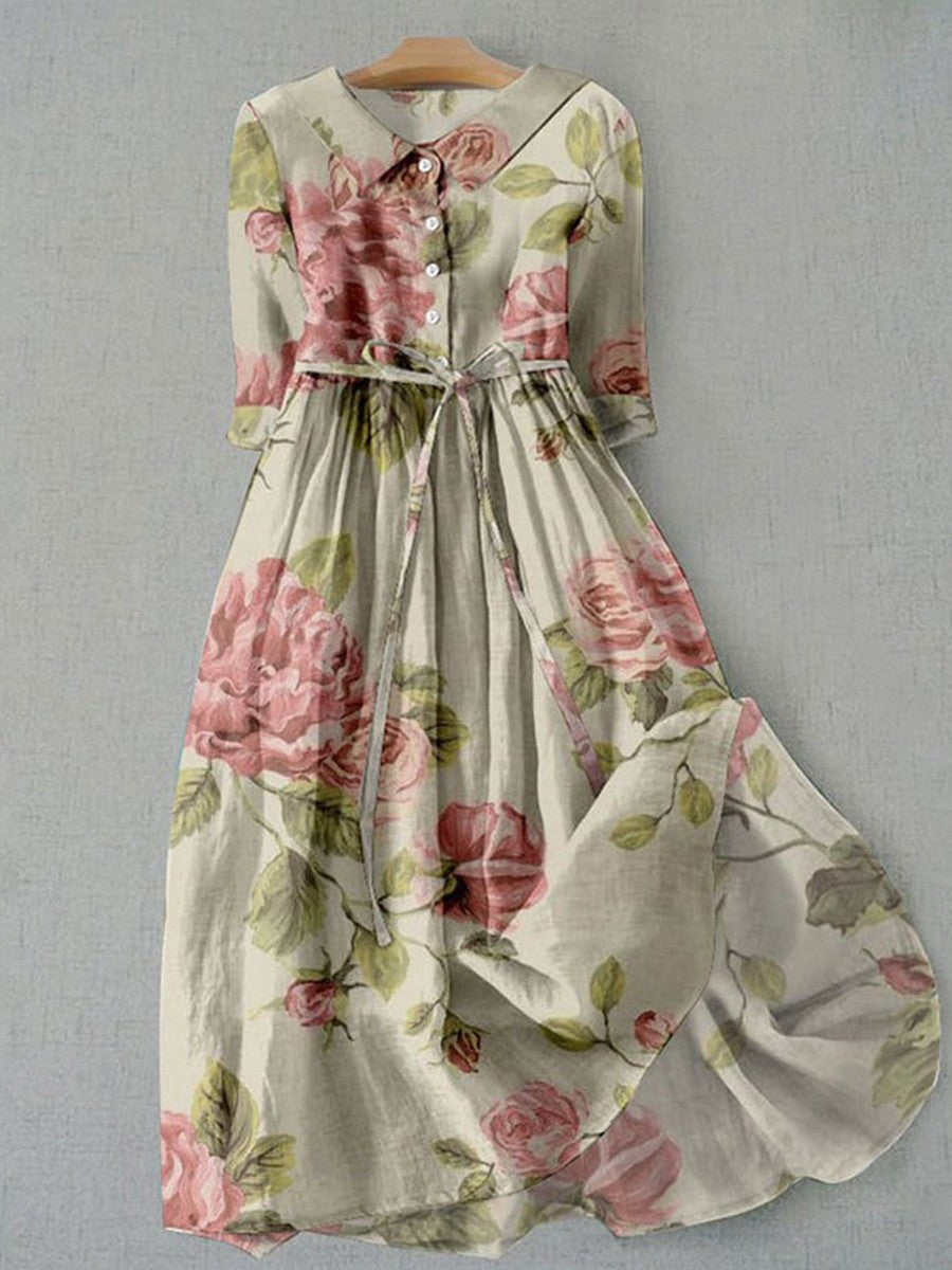Leah Robe d'Été Femme – Imprimé Floral Botanique Vintage & Col Revers, Coupe Décontractée