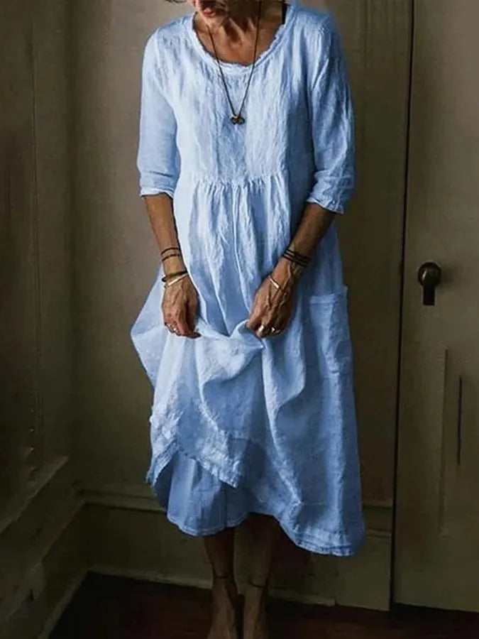 Félesca Robe Maxi Femme – Mélange Aéré de Coton et Lin, Col Rond & Manches Courtes