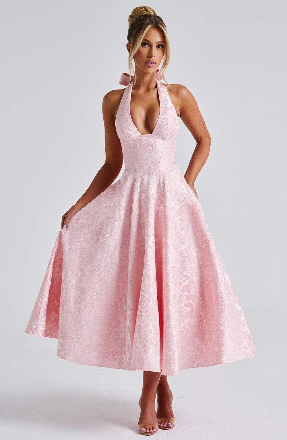 Iris Robe Midi Femme – Robe Dos Nu en Jacquard Floral avec Corsage Ajusté & Jupe Évasée