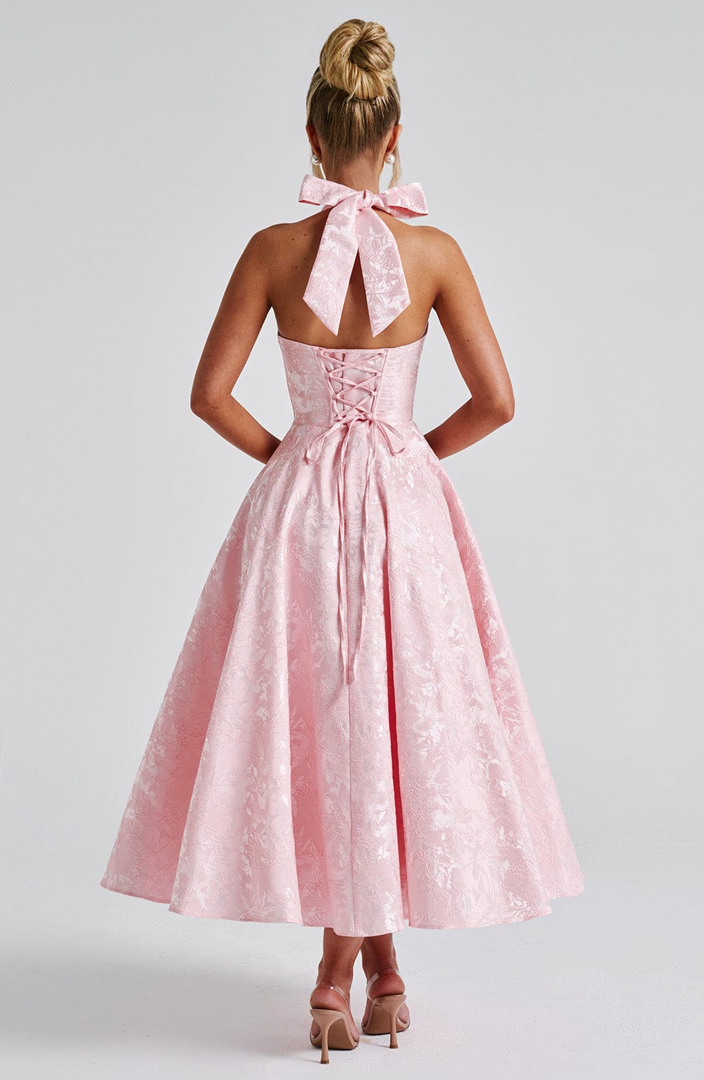 Iris Robe Midi Femme – Robe Dos Nu en Jacquard Floral avec Corsage Ajusté & Jupe Évasée