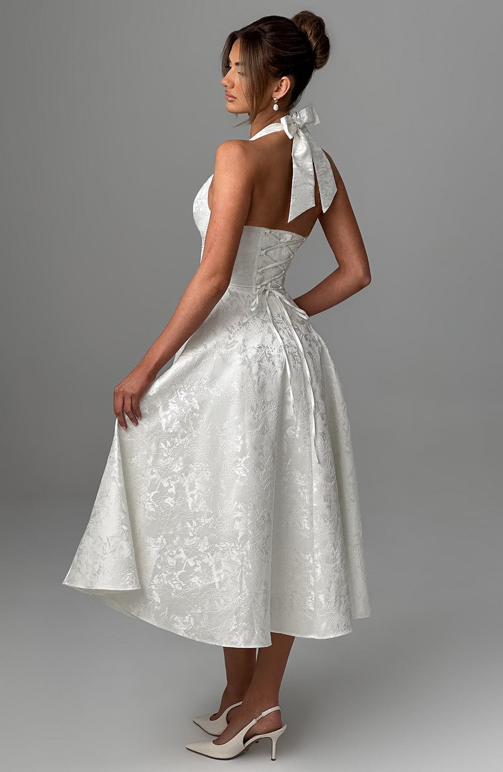 Iris Robe Midi Femme – Robe Dos Nu en Jacquard Floral avec Corsage Ajusté & Jupe Évasée