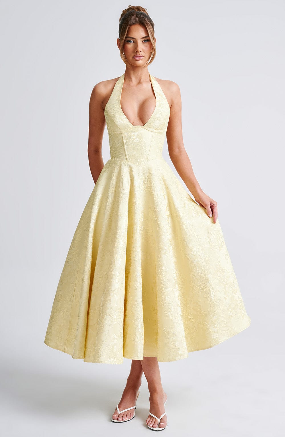 Iris Robe Midi Femme – Robe Dos Nu en Jacquard Floral avec Corsage Ajusté & Jupe Évasée