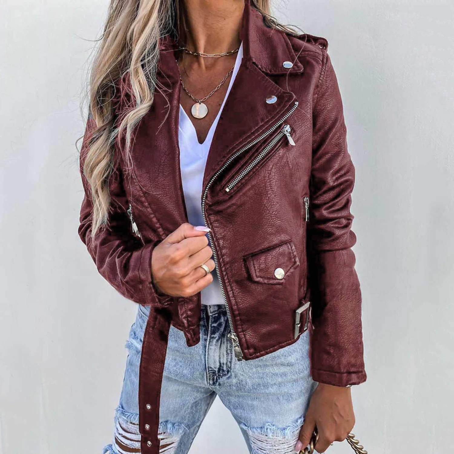 Eva Veste en Cuir Femme – Cuir de Luxe avec Col Montant, Ceinture & Design Élégant