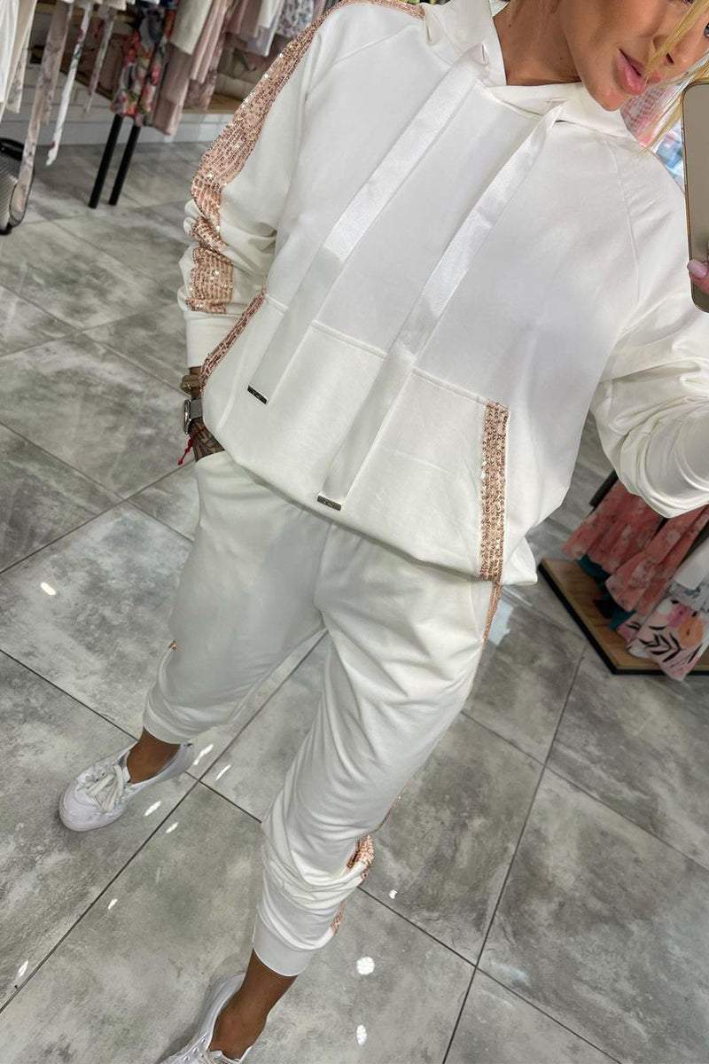 Jasmine Ensemble Loungewear Automnal pour Femme – Měkká mikina s kapucí a flitry & Pohodlné kalhoty pro každodenní komfort
