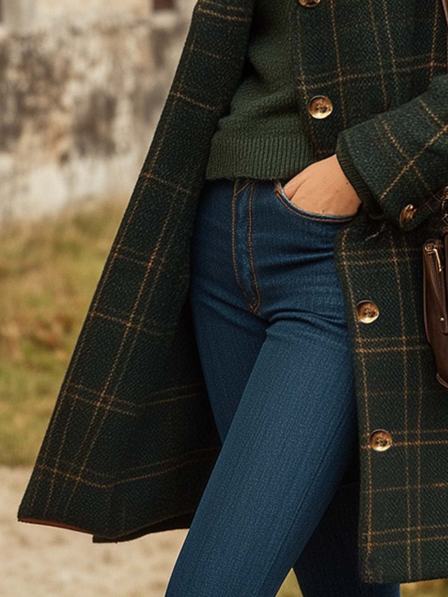 Peyton Manteau Femme Wolle – Langer Mantel mit eleganten Karos, tailliertem Schnitt & leichter Wärme
