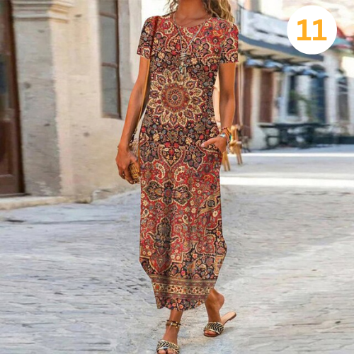 Caroline Robe Maxi Femme – Coton & Lino, Corte Fluido y Motivo Atemporal