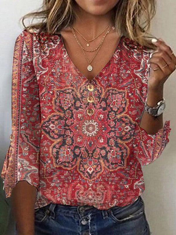 Brianna Damesblouse Bohème – Robijnrode Blouse met Oosters Patroon & Authentieke Boho Stijl
