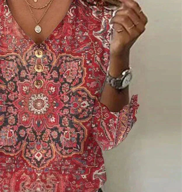 Brianna Damesblouse Bohème – Robijnrode Blouse met Oosters Patroon & Authentieke Boho Stijl