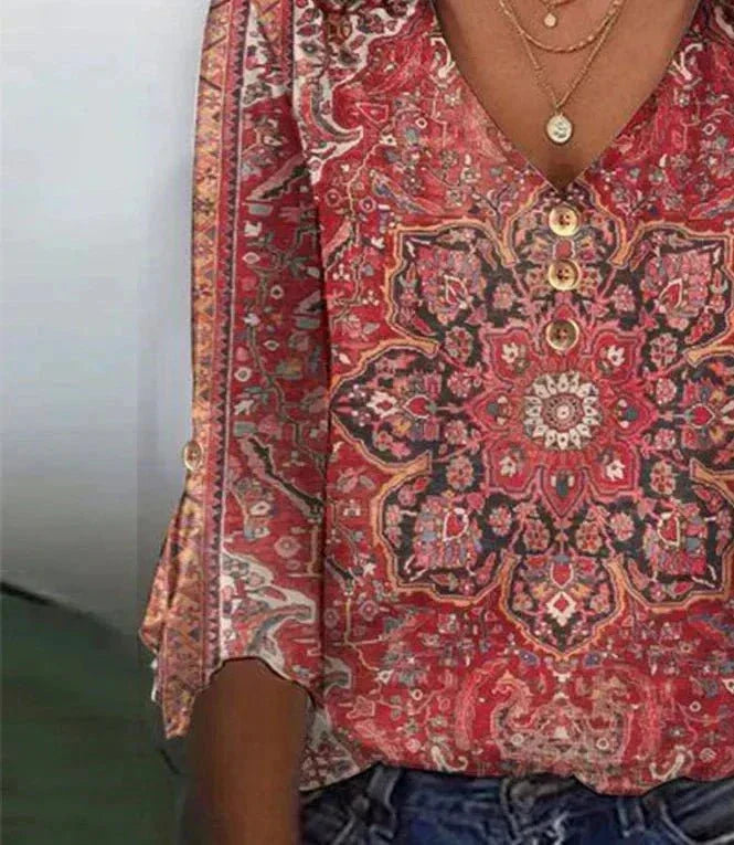 Brianna Damesblouse Bohème – Robijnrode Blouse met Oosters Patroon & Authentieke Boho Stijl