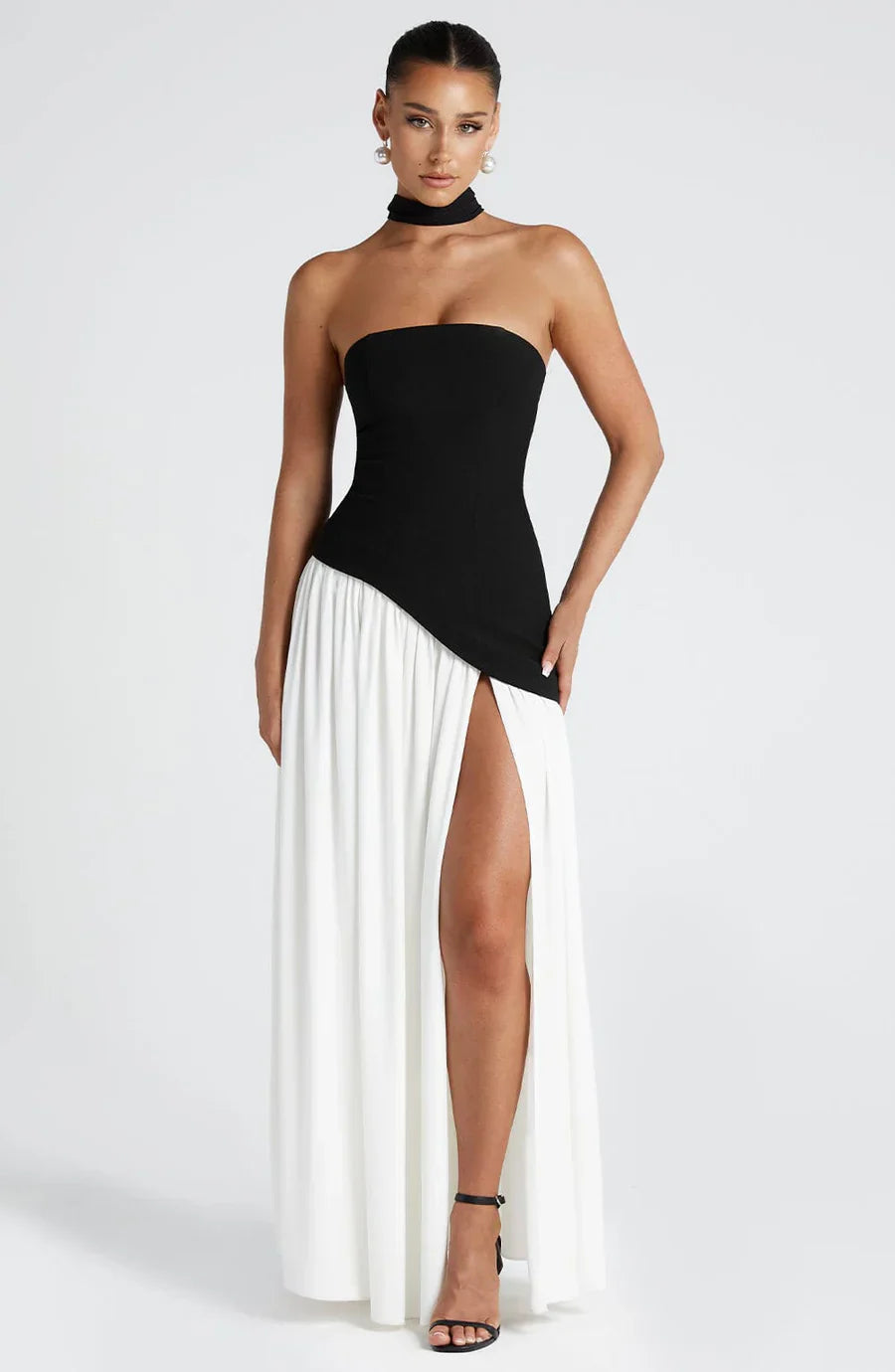 Victoria Robe Longue Femme – Robe de Soirée Bustier Bicolore avec Fente Haute & Foulard Assorti