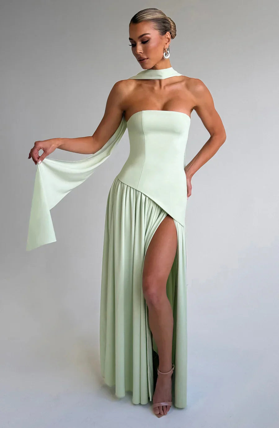 Victoria Robe Longue Femme – Robe de Soirée Bustier Bicolore avec Fente Haute & Foulard Assorti