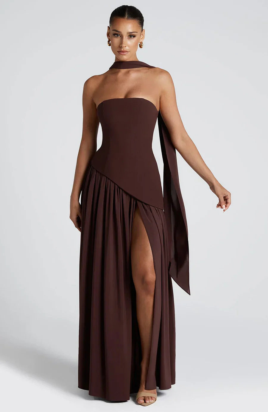 Victoria Robe Longue Femme – Robe de Soirée Bustier Bicolore avec Fente Haute & Foulard Assorti