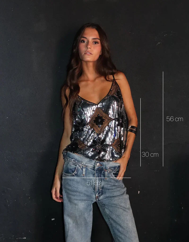 Diana Haut Femme – Diseño Floral Elegante Semi-Transparente con Lentejuelas y Cuello en V