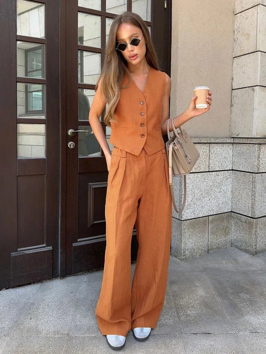 Freya Ensemble en Lin Femme – Coordonné Estival avec Gilet Sans Manches & Pantalon Large au Style Naturel