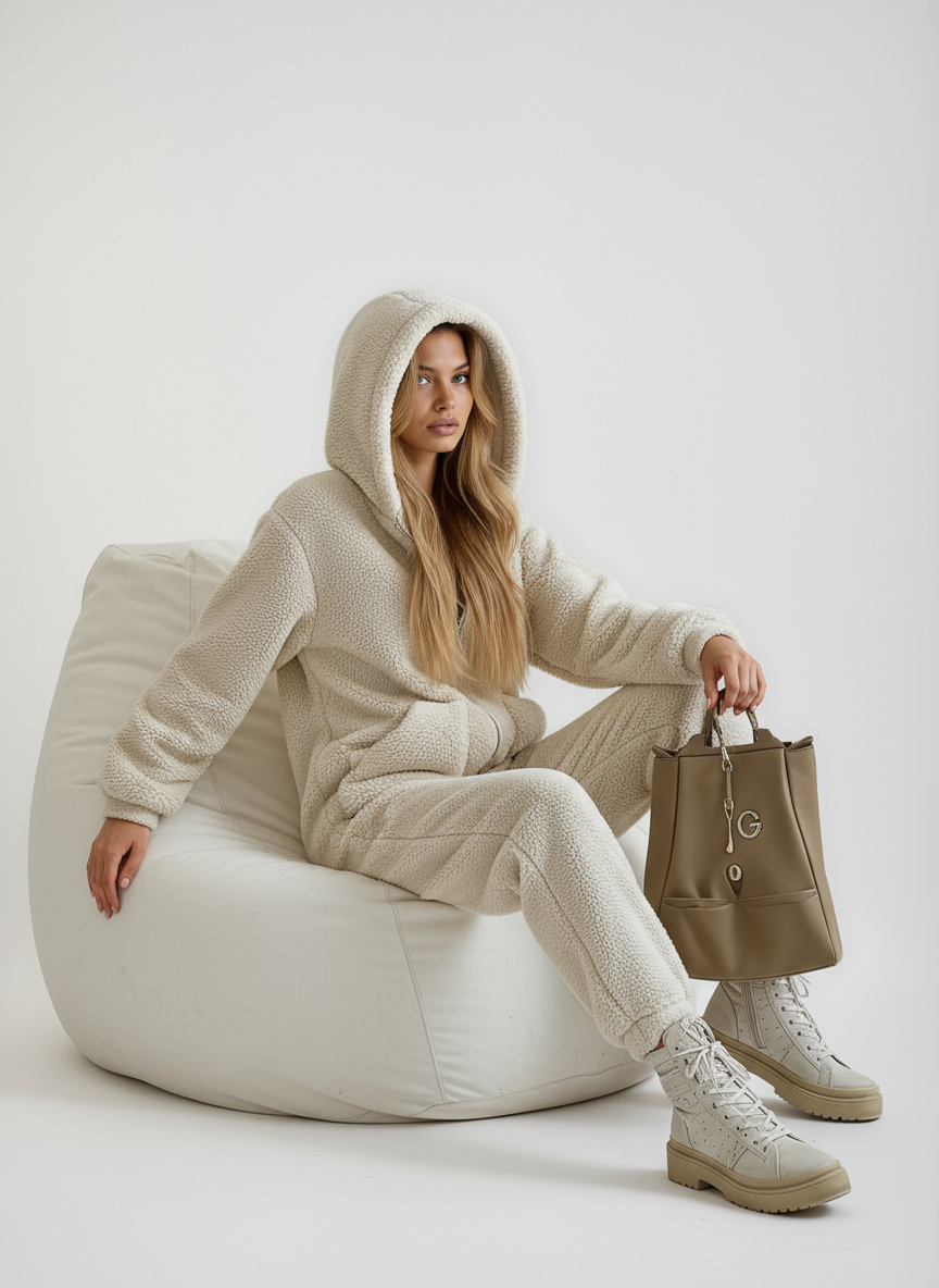 Conjunto Madelyn de Roupa de Descanso Feminina em Pêlo Teddy – Ultra Suave, Corte Descontraído com Design Aconchegante Bege