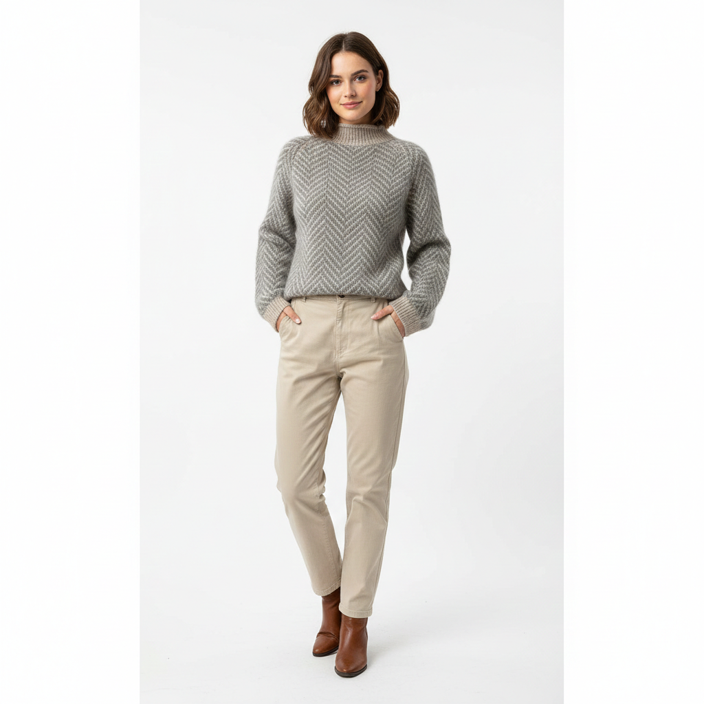Ailley Pull Col Roulé Femme – Motif Chevron Gris & Crème en Maille Douce Coupe Décontractée