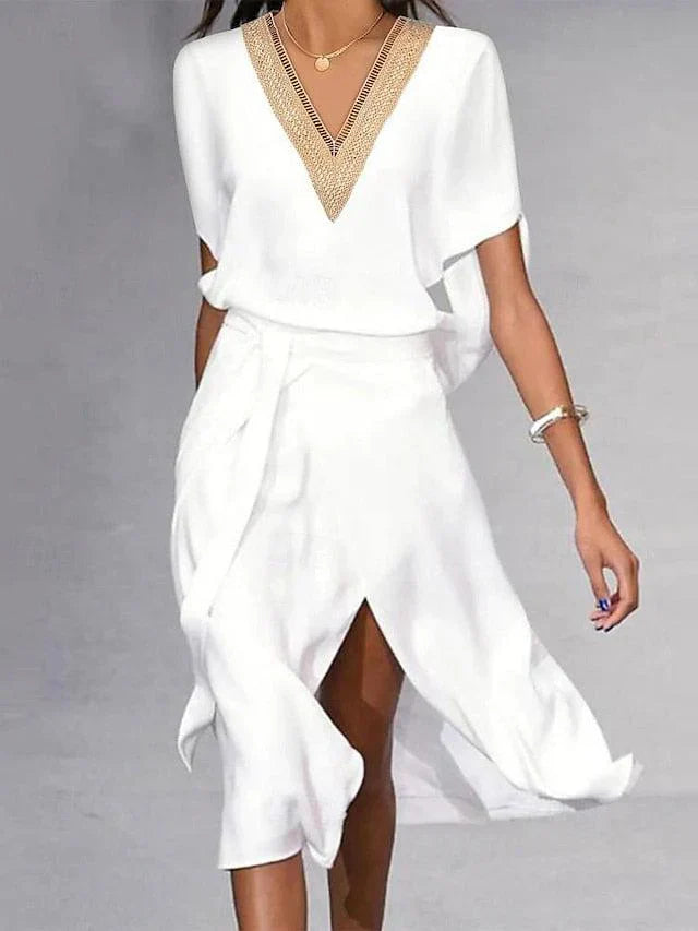 Isabella Midi-kjole Dame – Elegant hvit kjole med V-hals og tidløst minimalistisk design