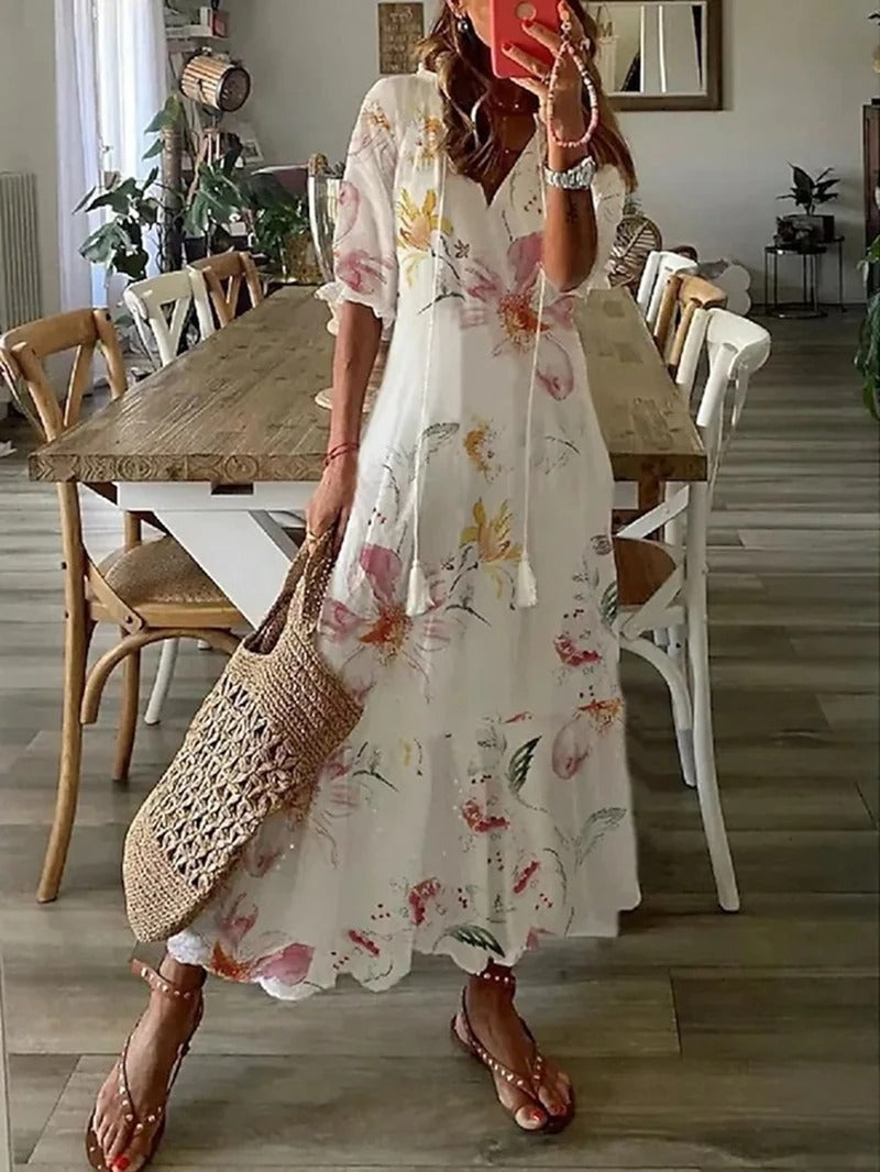 Long Dress Woman Bettina – Bohemian Summer Dress with Waist Cord & Airy Cut