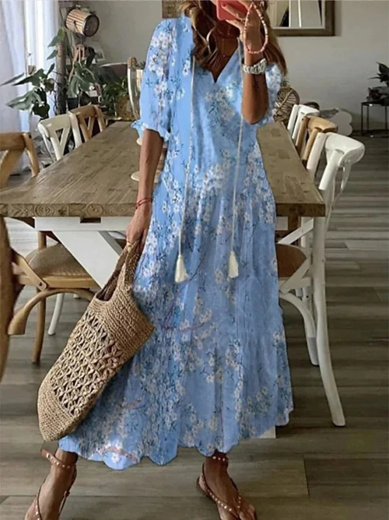 Long Dress Woman Bettina – Bohemian Summer Dress with Waist Cord & Airy Cut