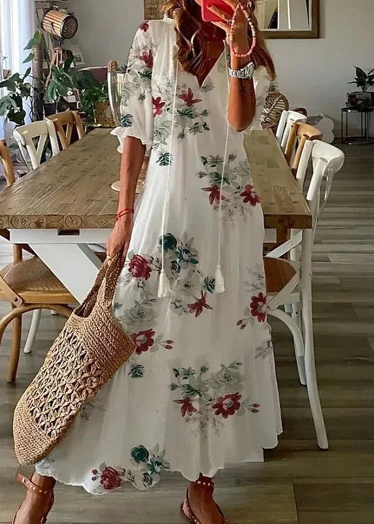 Kasey Sommerkjole til kvinder – Let lang kjole med blomsterprint, bælte i taljen og 3/4 ærmer