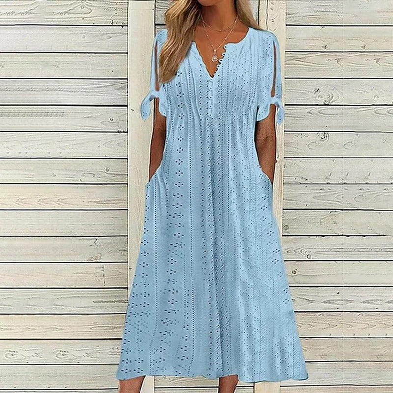 Mariah Robe Midi Été Femme – Élégante Robe à Col en V en Broderie Anglaise Légère