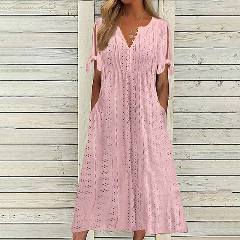 Mariah Midi Sommerkjole Dame – Elegant V-halskjole i Lett Broderie Anglaise
